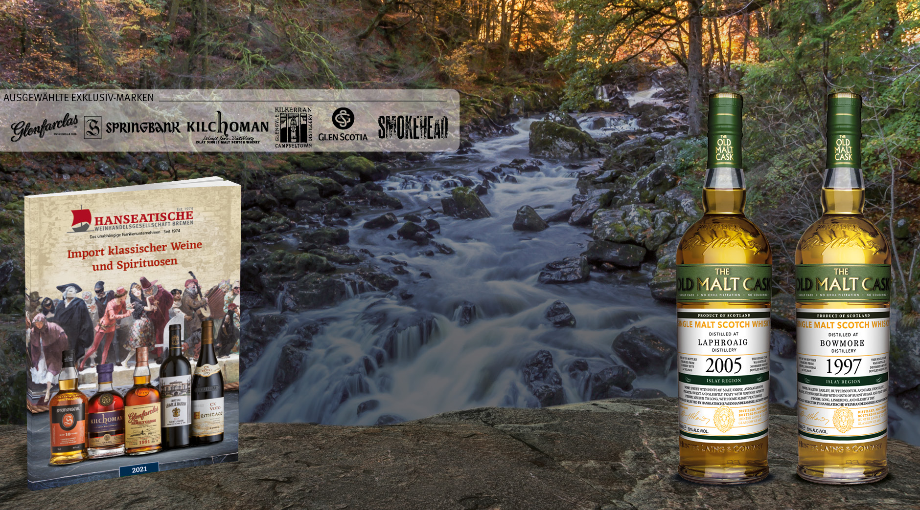 HAWE Katalog vor einem Wasserfall mit zwei Whiskyflaschen Laphroaig 2005 und Bowmore 1997