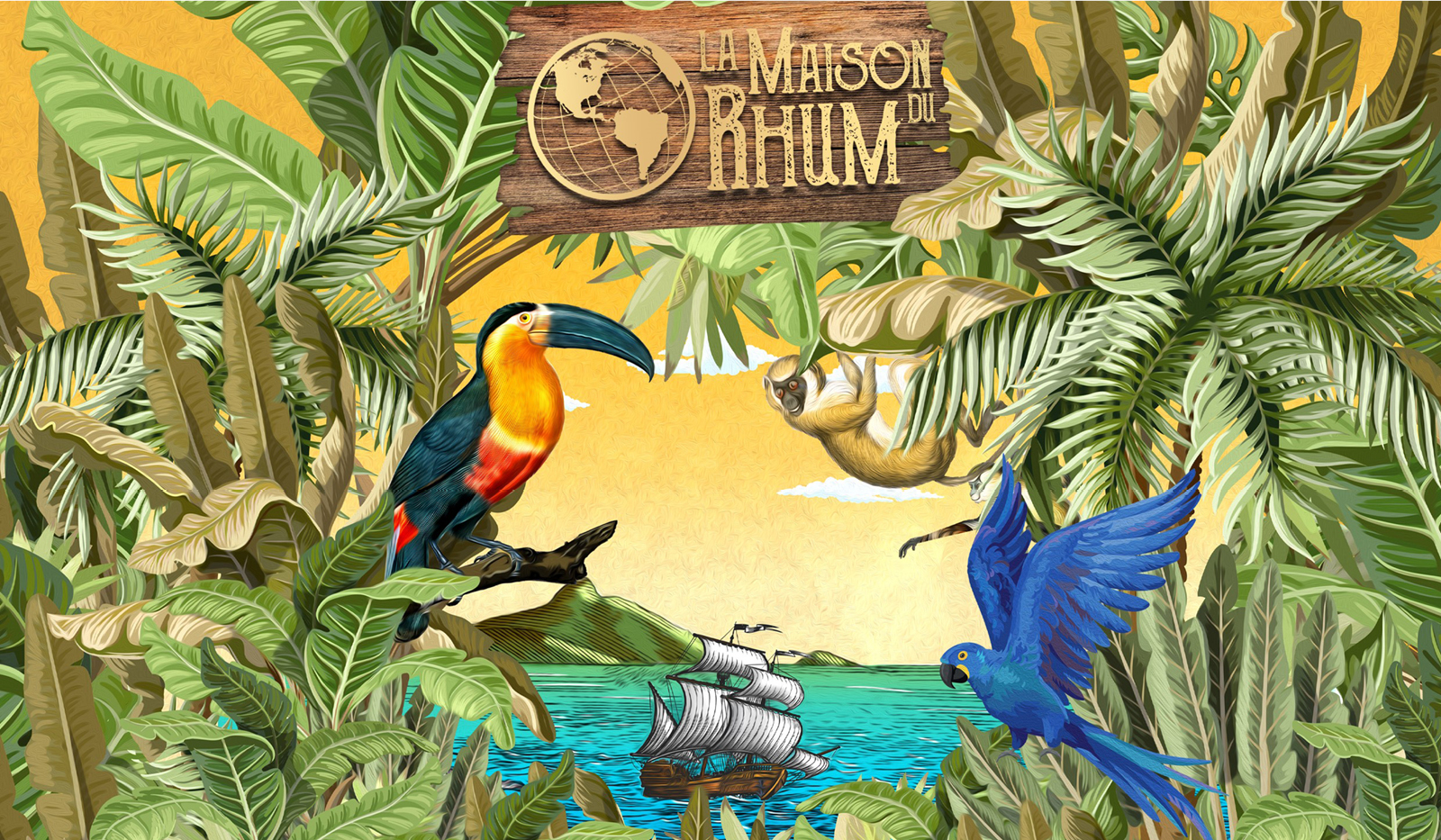 Zeichnung einer tropischen Abbildung mit Farnen, Vögeln und Wasser