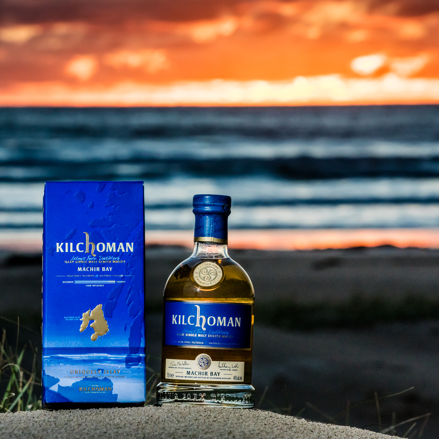 Instagram Bild mit einer Flasche Kilchoman Machir Bay vor einem Sonnenuntergang