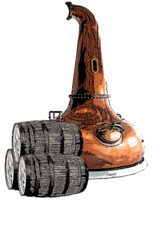 Illustration der Filliers Brennblase für Whisky mit drei gestapelten Fässern davor