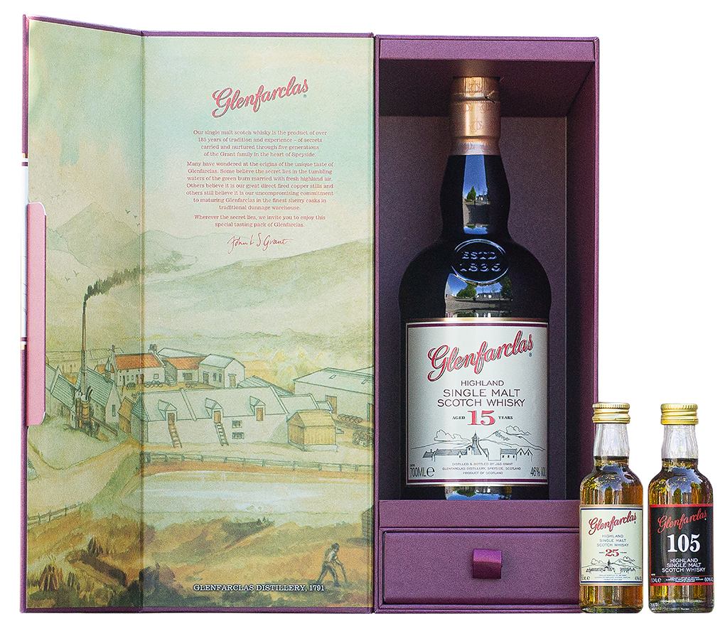 Tasting-Pack: Glenfarclas 15 Jahre + 105 Cask Strength & 25 Jahre Miniatur