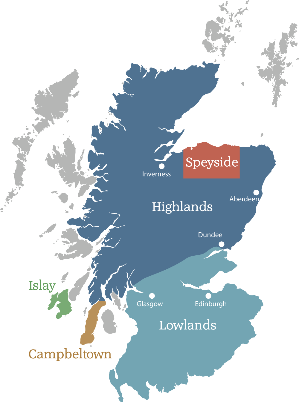 Karte der fünf Whisky-Regionen Schottlands.