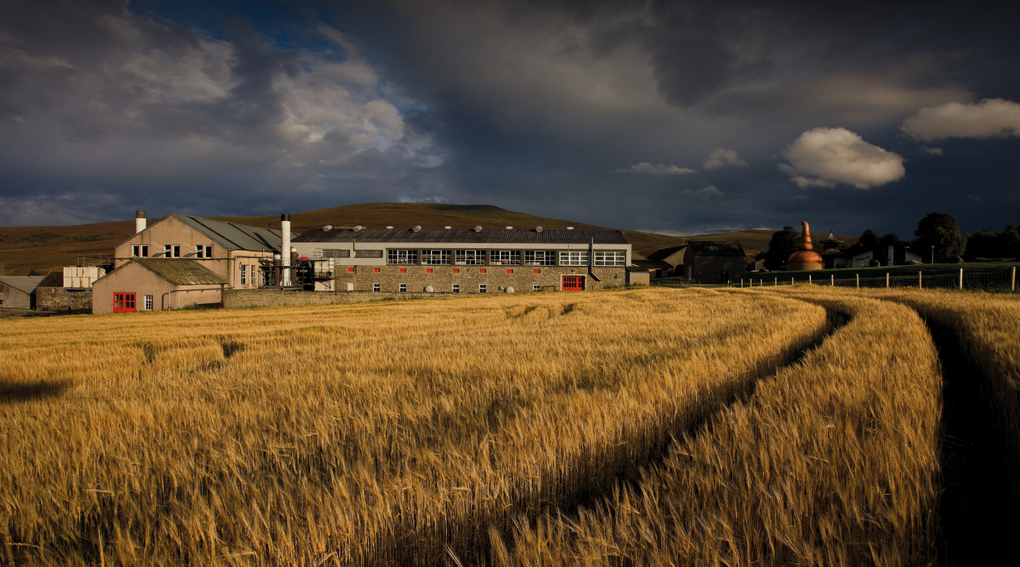Glenfarclas-Destillerie am Rande eines Feldes